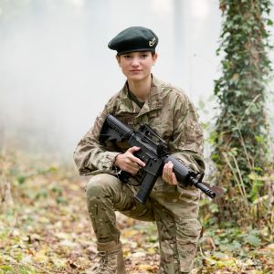 girl in camouflage clothing holding a gun